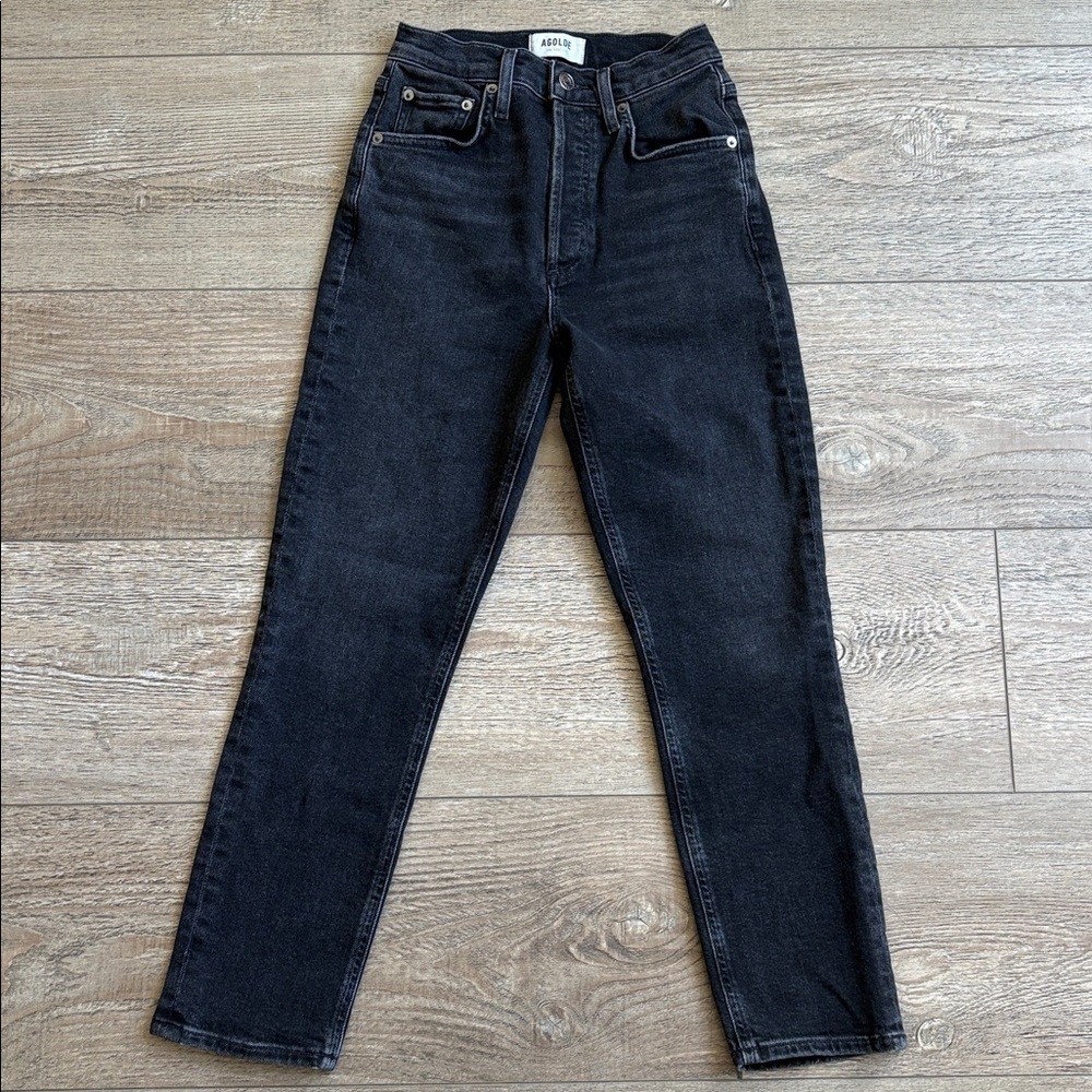 Agolde Denim The Riley Crop High Waisted Jeans Straight Leg in Washed Black